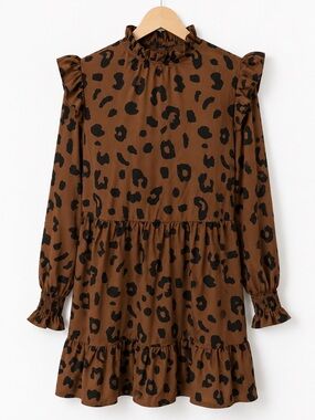 CUPSHE Brown Black Leopard Print Ruffle Tiered Mini Dress S